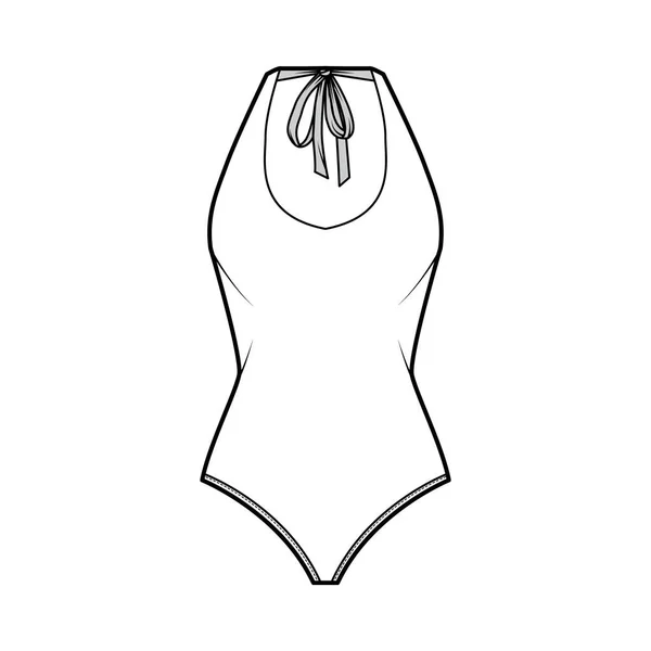 Stretch bodysuit ilustração de moda técnica com decote em U profundo, tiras finas laços em escavar de volta. Plana de uma peça — Vetor de Stock