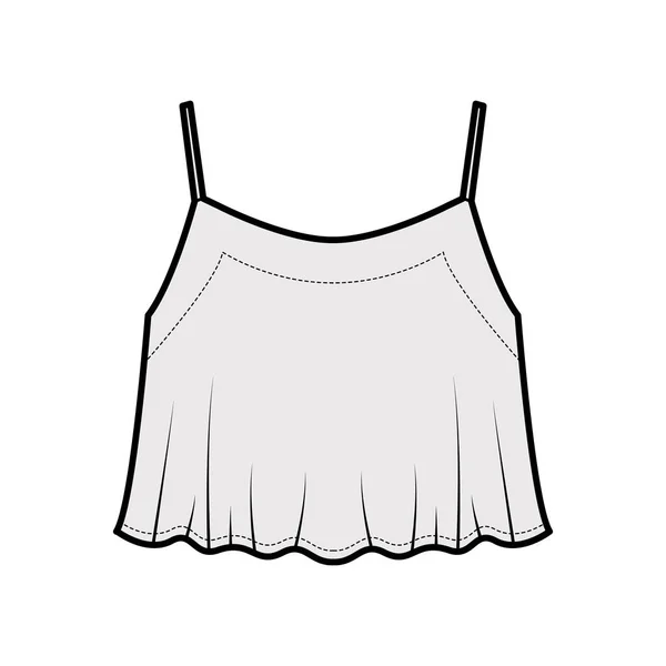 Camiseta recortada ilustración de moda técnica superior con cuello redondo, dobladillo de bengala, silueta suelta, correas, tanque de ropa interior — Vector de stock