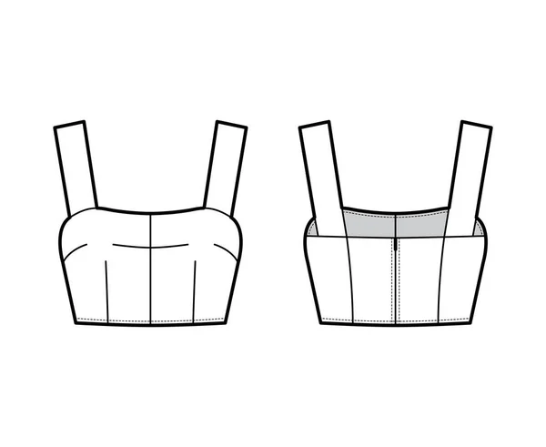 Ilustração de moda técnica superior cortada com pescoço de colher, tiras largas, fecho de correr traseiro, comprimento da cintura. Tanque plano — Vetor de Stock