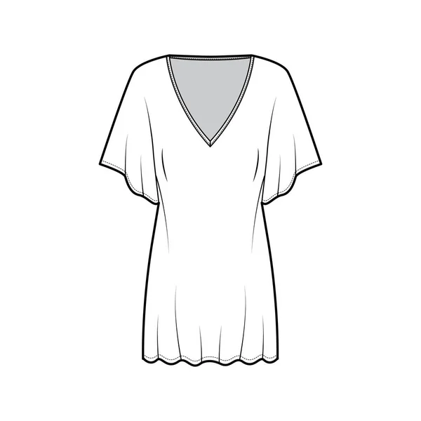 Kaftan Kleid technische Mode Illustration mit V-Ausschnitt, Batwing Ellenbogenärmel, über dem Knie Länge, überdimensioniert — Stockvektor