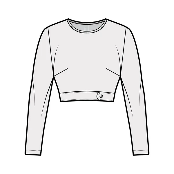 Sotto busto crop top illustrazione tecnica di moda con vestibilità slim, girocollo, chiusura con bottone posteriore, maniche lunghe. — Vettoriale Stock