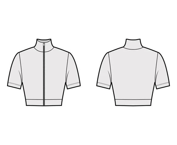 拉链剪裁高领毛衣技术时尚图例，袖子短，紧凑型。扁平 — 图库矢量图片