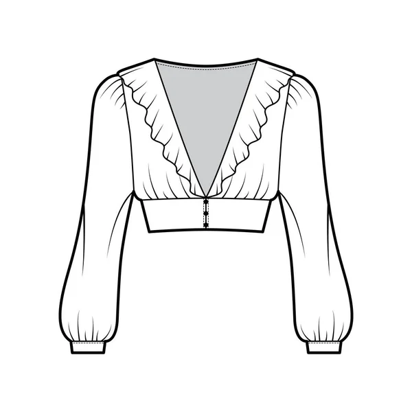 Ruffled cropped μπλούζα τεχνική απεικόνιση μόδας με μακριά μανίκια επίσκοπος, φουσκωτά ώμους μπροστά κουμπώματα κουμπί — Διανυσματικό Αρχείο
