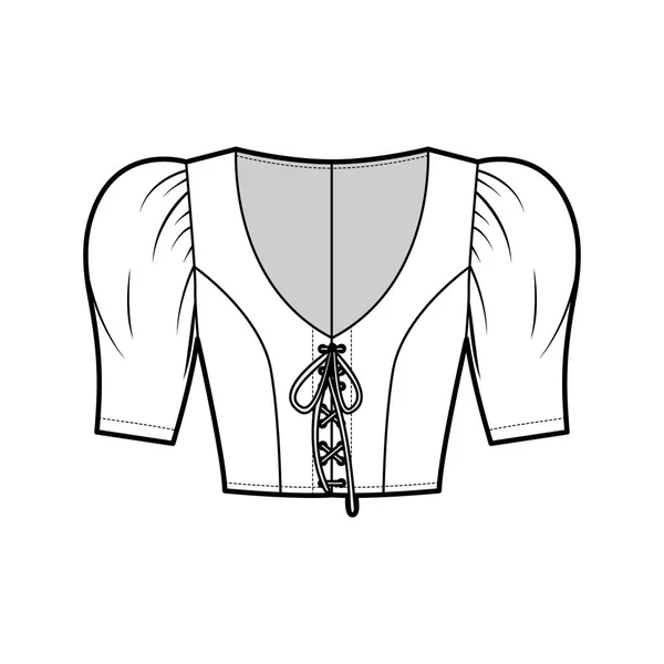 Cortado lace-up top ilustração de moda técnica com mangas curtas, ombros inchados, corpo equipado. Camisa plana —  Vetores de Stock