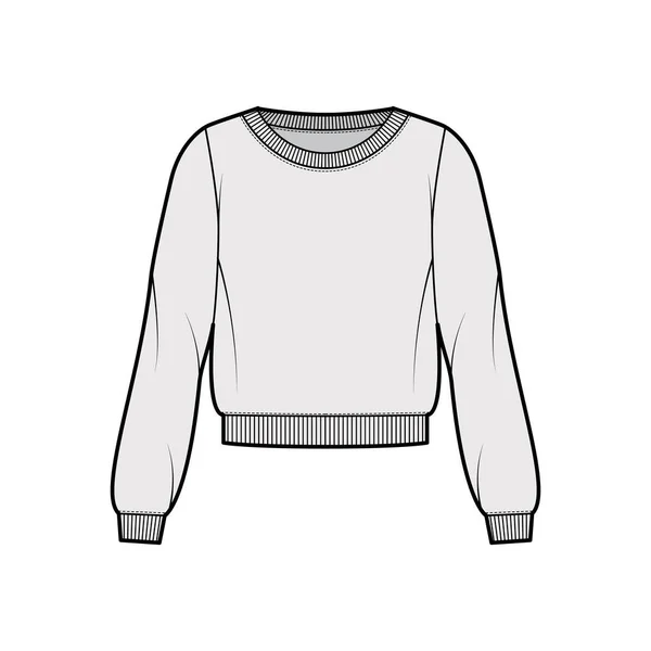 Katoen-badstof sweatshirt technische mode illustratie met ontspannen pasvorm, primeur hals, lange mouwen, geribbelde bekleding — Stockvector