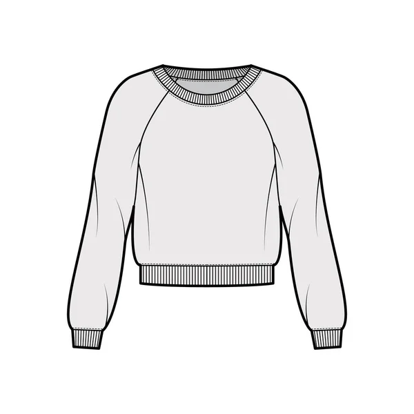 Bomull-frotté tröja teknisk mode illustration med avslappnad passform, scoop halsringning, långa raglan ärmar ribbad kant — Stock vektor