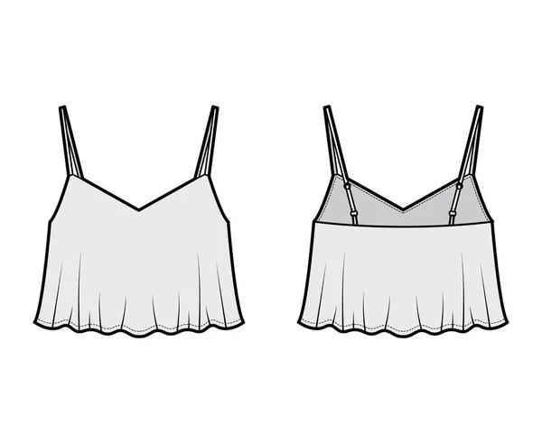 Crop camisole κορυφαία τεχνική εικόνα μόδας με λαιμό αγαπημένη, στρίφωμα φωτοβολίδα, χαλαρή σιλουέτα, ρυθμιζόμενους ιμάντες — Διανυσματικό Αρχείο