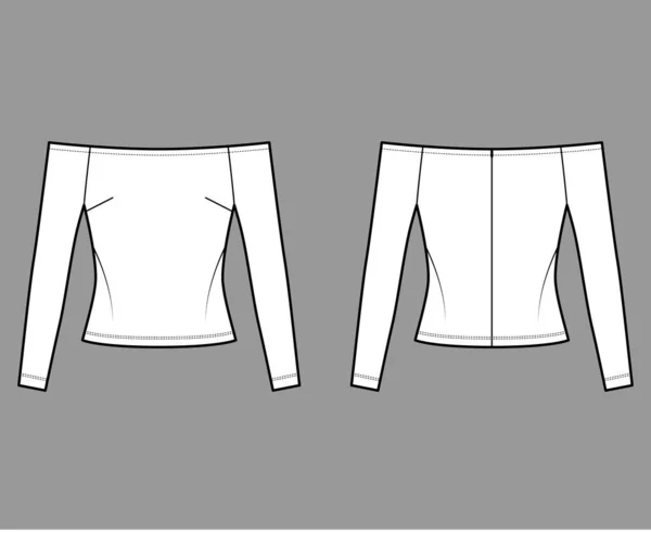 Ilustración de moda técnica superior fuera del hombro con ajuste cercano, mangas largas, cierre de cremallera oculto a lo largo de la espalda. — Vector de stock