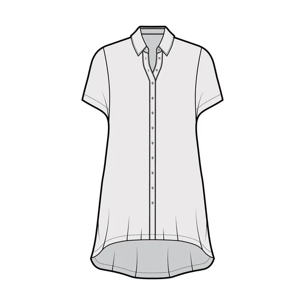 Огромные рубашки платье техническая мода иллюстрация с короткими рукавами, обычный воротник, высокий-низкий подол, кнопка крепления — стоковый вектор