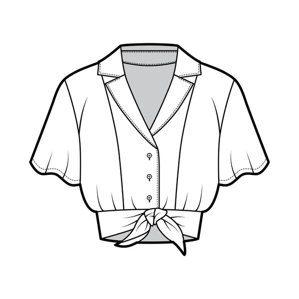 Tie-front cropped 셔츠 기술적 인 패션 일러스트 캠프 칼라, 짧은 원 소매, 프론트 버튼 바인딩 — 스톡 벡터