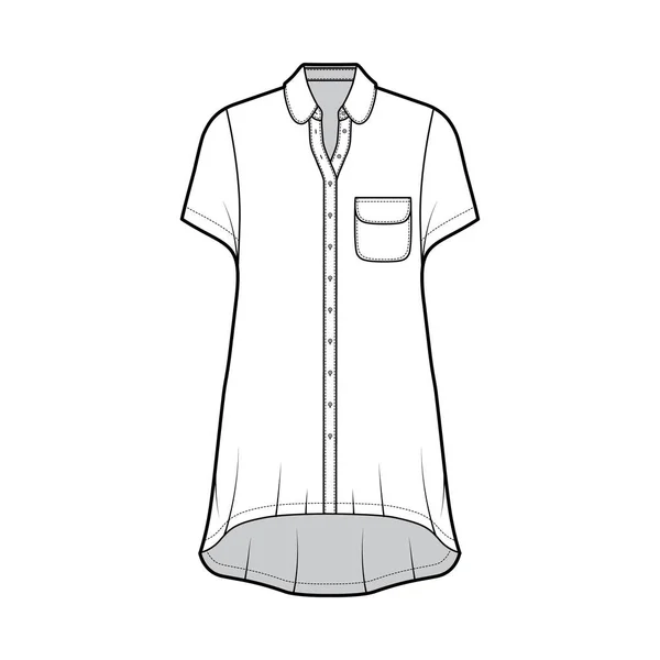Vestido de camisa de grandes dimensões ilustração de moda técnica com bolso arredondado e colarinho, mangas curtas, bainha alta-baixa — Vetor de Stock