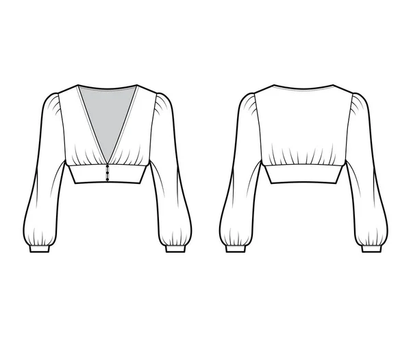 Ilustração de moda técnica superior cortada com mangas de bispo longo, ombros inchados, fechos de botão frontal. —  Vetores de Stock