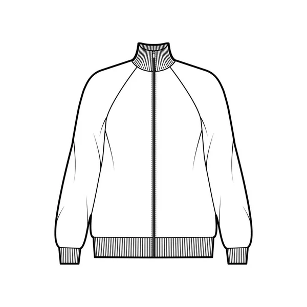 Oversized camisola zip-up de manga comprida ilustração de moda técnica com algodão-jersey, raglan, guarnições com nervuras. Plano — Vetor de Stock