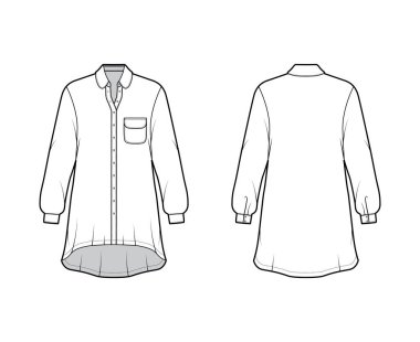 Büyük beden gömlek, teknik taslak, yuvarlak cep ve yakalı, uzun kollu, yüksek-alçak kenarlı.