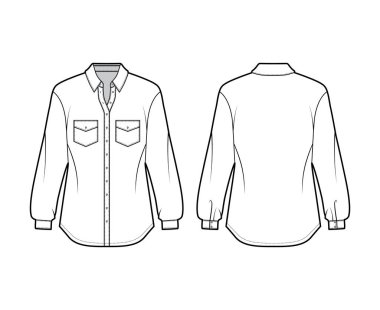 Klasik gömlek teknik tasviri. Açılı cepleri, uzun kollu, rahat formda, ön düğme takan.