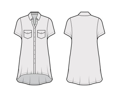 Büyük beden gömlek, teknik taslak, açılı cepleri, kısa kollu, normal yakalı, düşük kenarlı..