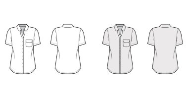 Yuvarlak cep ve yakalı, kısa kollu, ön düğmeli klasik gömlek teknik tasviri.