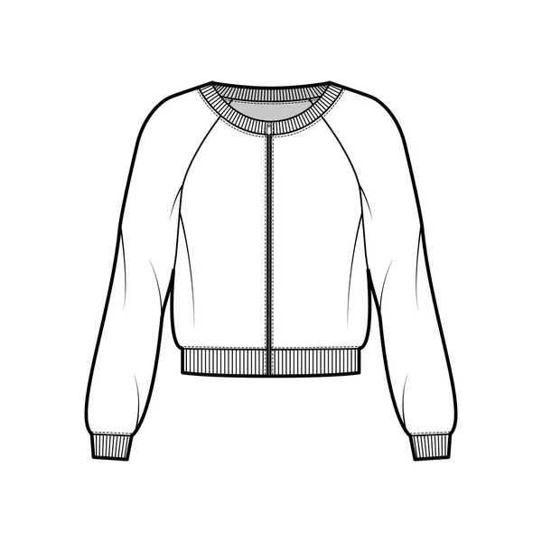 Zip-up bomull-frotté tröja teknisk mode illustration med scoop halsringning, långa raglan ärmar, ribbade band — Stock vektor