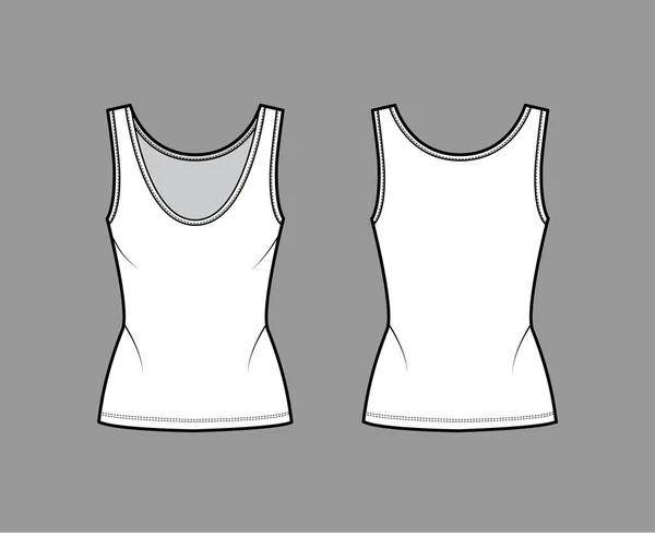 Ilustração de moda técnica de tanque de algodão-jersey com corpo ajustado, pescoço profundo colher, bainha alongada. Roupas planas —  Vetores de Stock