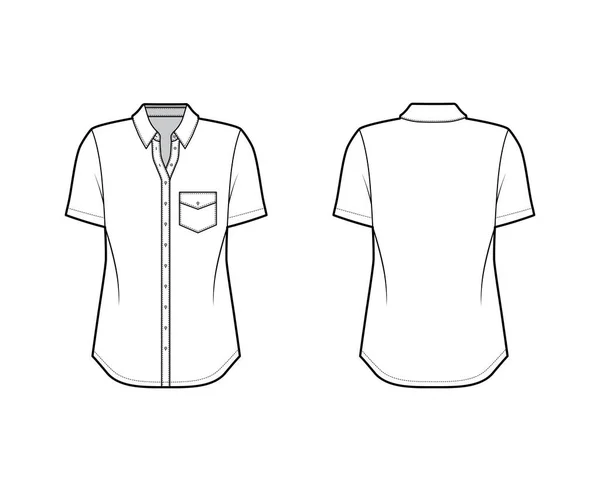 Ilustração de moda técnica de camisa clássica com bolso angulado, mangas curtas, relaxar em forma, botão frontal de fixação plana — Vetor de Stock