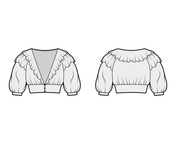 Обрізана обрізана блузка технічна модна ілюстрація з ліктьовими рукавами, кріпленнями спереду, встановленим тілом . — стоковий вектор