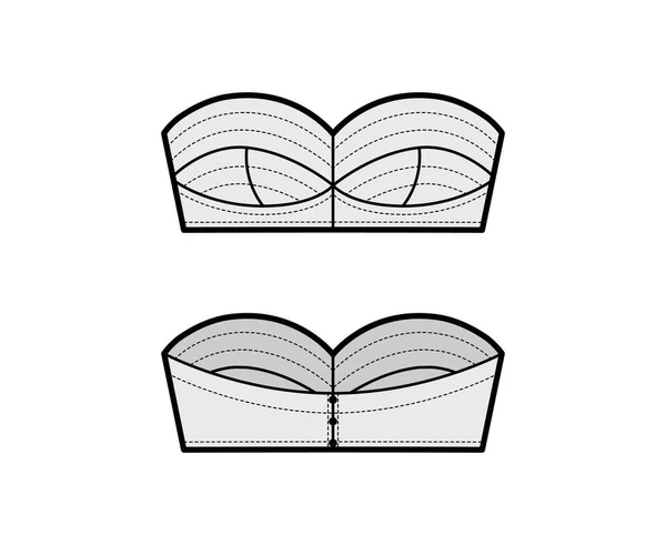 Bustier tube haut illustration de mode technique avec décolleté chérie, tasses et une façade découpée. Maillot de bain soutien-gorge plat — Image vectorielle