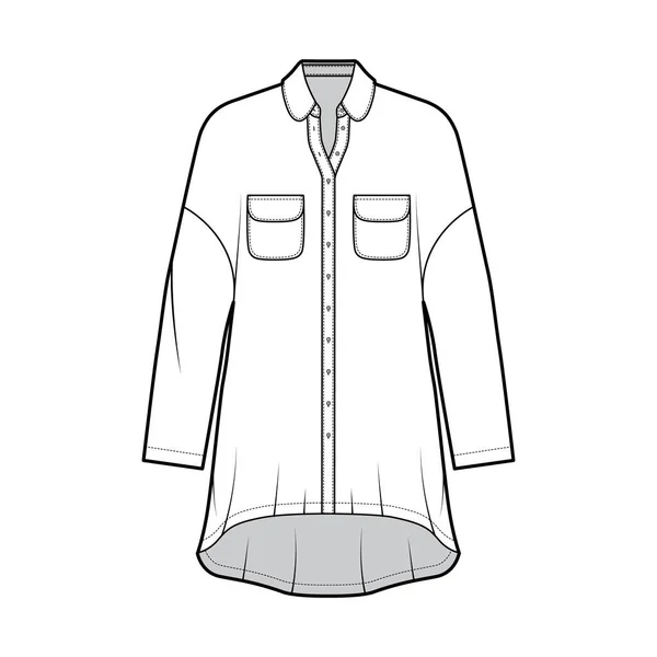 Robe chemise oversize illustration de mode technique avec poches arrondies et col, manches longues, épaules tombantes — Image vectorielle