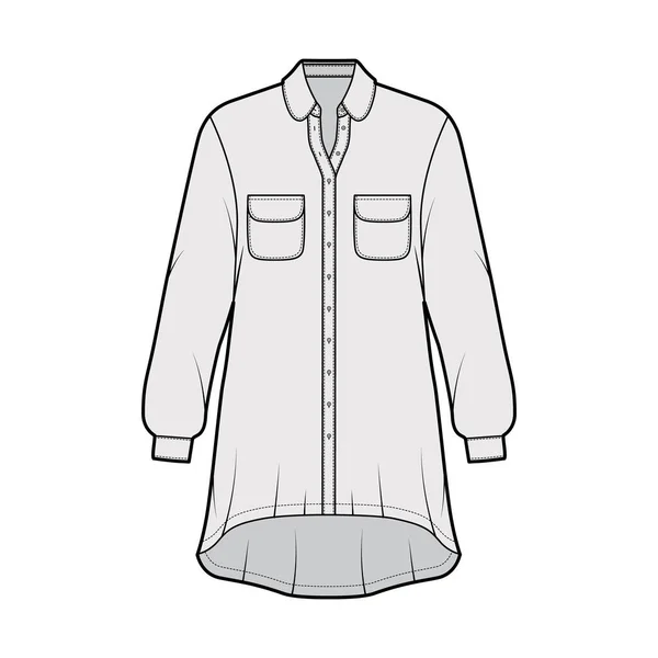 Vestido de camisa de grandes dimensões ilustração de moda técnica com bolsos arredondados e colarinho, mangas compridas, bainha alta-baixa —  Vetores de Stock