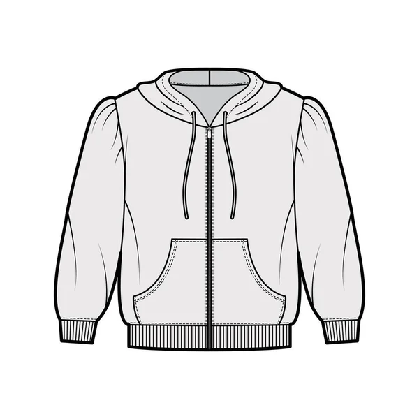 Zip-up περικοπή βαμβάκι-φανέλα hoodie τεχνική εικόνα μόδας με φουσκωτούς ώμους, μανίκια αγκώνα μπροστά τσέπη — Διανυσματικό Αρχείο