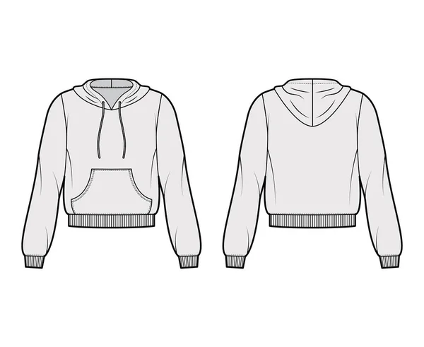 Ilustração de moda técnica de capuz de algodão-velo com ajuste relaxado, mangas compridas, guarnições com nervuras, jumper de bolso frontal — Vetor de Stock