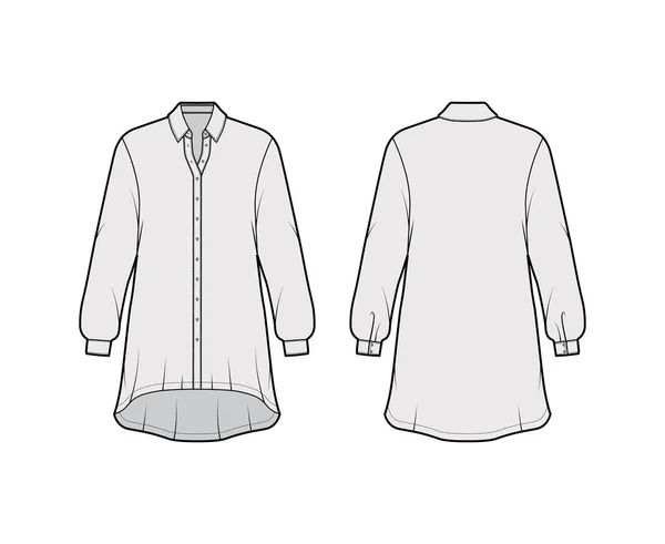 Vestido de camisa de grandes dimensões ilustração de moda técnica com mangas compridas, colarinho regular, bainha alta-baixa, botão de fixação —  Vetores de Stock