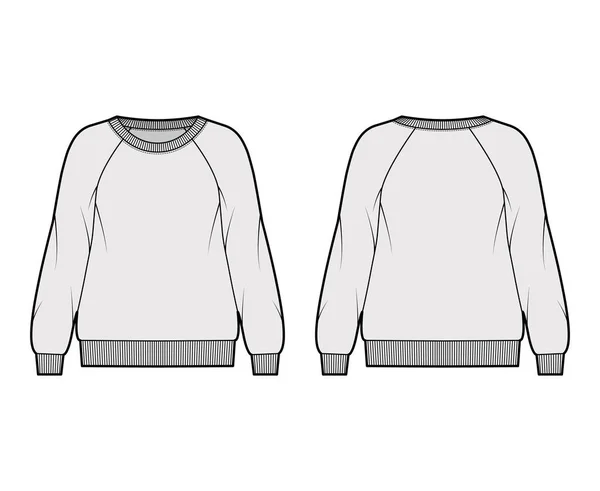 Überdimensionales Baumwolle-Frottee Sweatshirt technische Mode Illustration mit Rundhalsausschnitt, langen Raglanärmeln, Rippstrickbündchen — Stockvektor