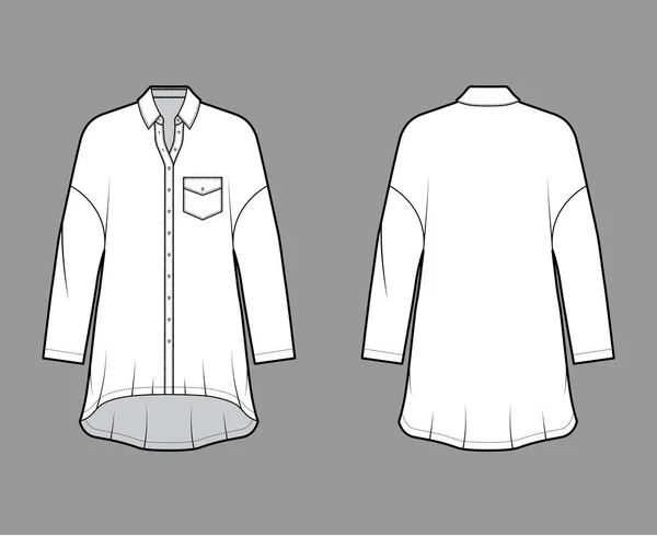 Vestido de camisa sobredimensionado ilustración técnica de moda con bolsillo en ángulo, mangas largas, cuello regular, dobladillo alto-bajo. — Vector de stock