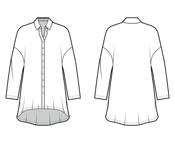 Vestido de camisa sobredimensionado ilustración técnica de moda con mangas largas, cuello regular, hombros caídos, dobladillo alto-bajo — Archivo Imágenes Vectoriales