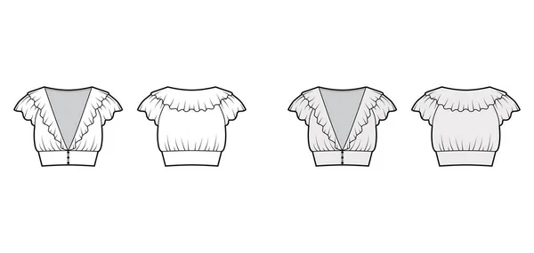 Blusa recortada con volantes ilustración técnica de moda con mangas cortas de aleteo, cierres de botón delanteros, cuerpo ajustado — Vector de stock