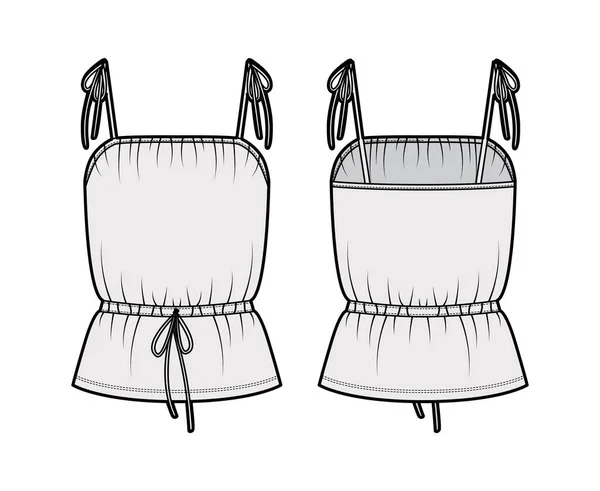 Bomull-jersey camisole teknisk mode illustration med slips-fästband, dragsko midja, tunika längd. topp — Stock vektor