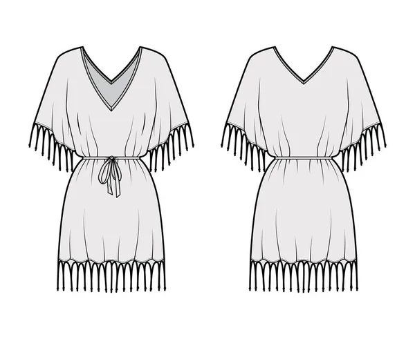 Fringed kaftan φόρεμα τεχνική απεικόνιση μόδας με V-λαιμό, batwing μανίκια αγκώνα, πάνω από το γόνατο μήκος, υπερμεγέθης — Διανυσματικό Αρχείο