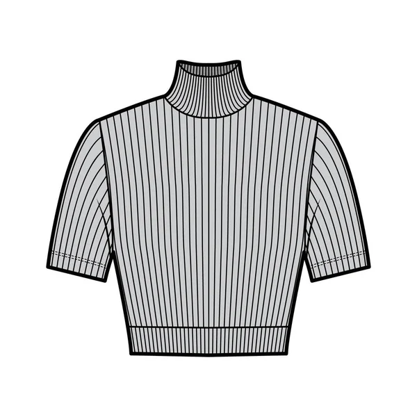 Sudadera de punto acanalado cuello alto recortado ilustración técnica de moda con mangas cortas, forma ajustada. — Vector de stock