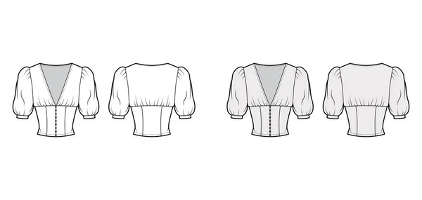 Ilustración de moda técnica superior recortada con mangas cortas, hombros hinchados, cierres de botón delanteros, cuerpo ajustado. — Vector de stock