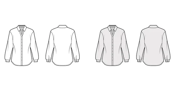 Klassieke shirt technische mode illustratie met lange mouwen met manchetten, ontspannen, knoop-sluiting aan de voorkant, regelmatige kraag — Stockvector
