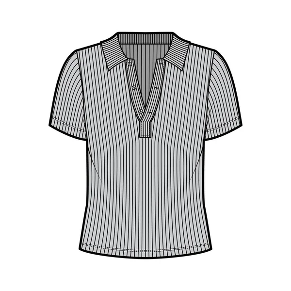 Ribbed βαμβακερό-φανέλα polo πουκάμισο τεχνική εικόνα μόδας με κοντά μανίκια, κουμπιά κατά μήκος του μετώπου, oversized. — Διανυσματικό Αρχείο