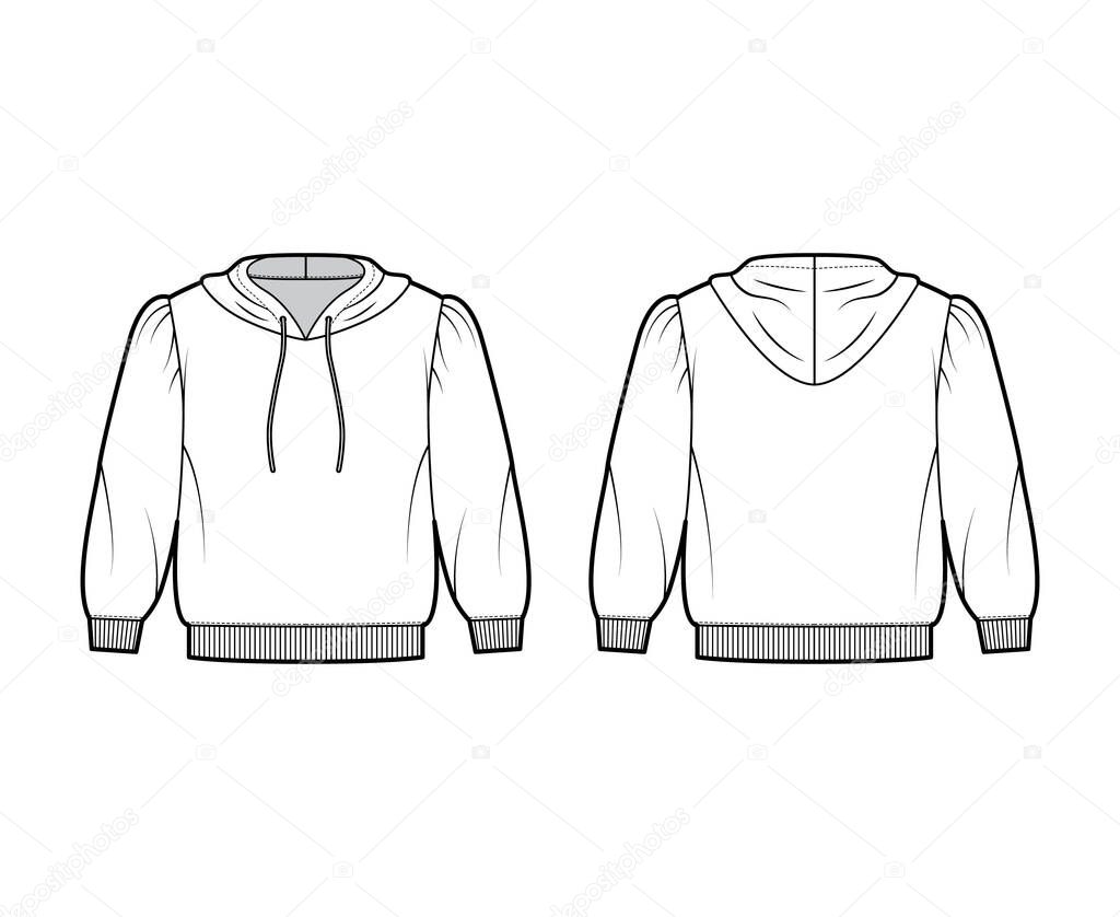 Cropped cotton-jersey hoodie technical fashion illustration with loose fit, puffed shoulders, elbow sleeves ribbed trims