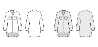 Büyük beden gömlek, geniş açılı cepleri, uzun kollu, normal yakalı, yüksek-alçak kenarlı teknik tasvirler..