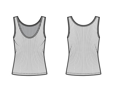 Kaburgalı, açık tanklı, teknik moda çizimi, büyük beden, derin kepçe boyun, uzun etek. Düz giyim