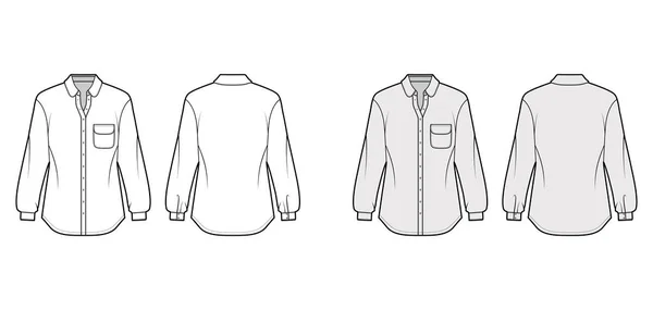Ilustração de moda técnica de camisa clássica com bolso e colarinho arredondados, mangas compridas, fixação de botão frontal — Vetor de Stock