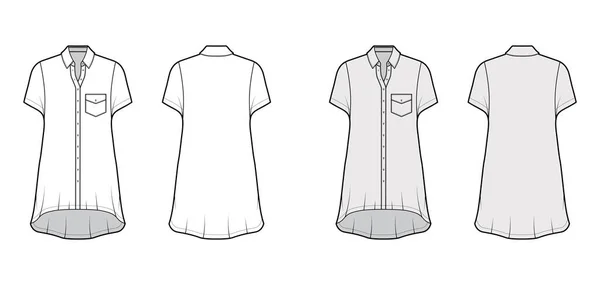 Überdimensionales Hemdkleid technische Modeillustration mit abgewinkelter Tasche, kurzen Ärmeln, regelmäßigem Kragen, hohem Saum. — Stockvektor