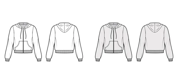 Zip-up bavlna-fleece mikina technická módní ilustrace s uvolněným fit, dlouhé rukávy, žebrované ozdoby, přední kapsa. — Stockový vektor