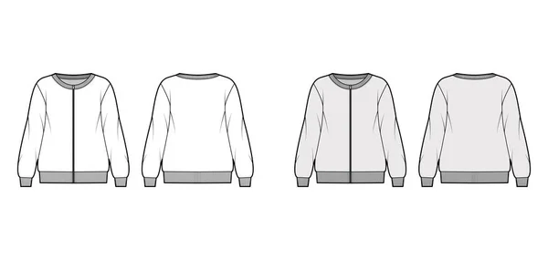 Zip-up oversized cotton-terry sweatshirt technické módní ilustrace s výstřihem, dlouhé rukávy, žebrované ozdoby — Stockový vektor