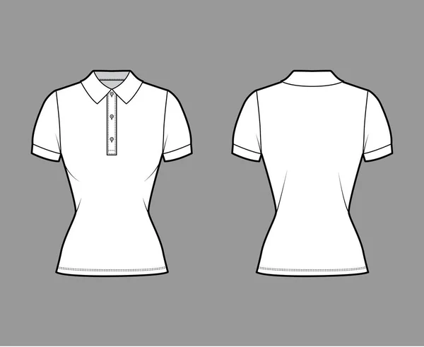 Poloshirt technische Mode-Illustration mit kurzen Ärmeln aus Baumwolle-Jersey, enge Passform, Knöpfe an der Vorderseite — Stockvektor