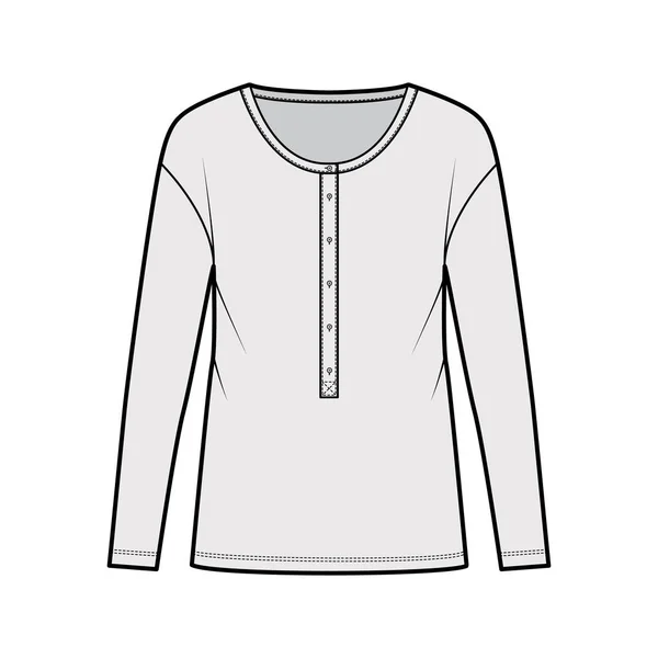 Klassischer Herren-Stil Baumwolle-Jersey Top technische Mode Illustration mit langen Ärmeln, Schaufel Henley Ausschnitt Shirt — Stockvektor